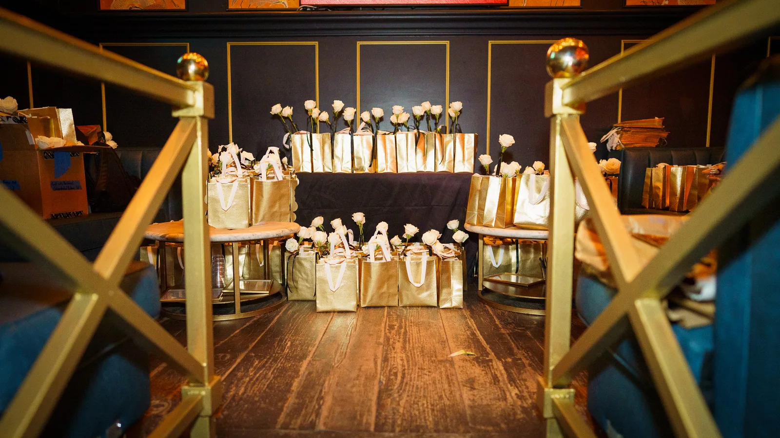 A gifting suite of branded bags at LA Today's Golden Globes Pre-Party